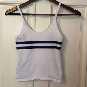White tank top with navy blue stripes.